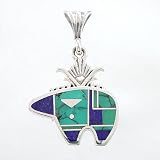 Turquoise and Lapis Inlaid Bear Pendant in Sterling Silver by Ray Tracey, #8586