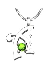 Sterling Silver Letter A - August Peridot Birthstone 18 Inch Necklace