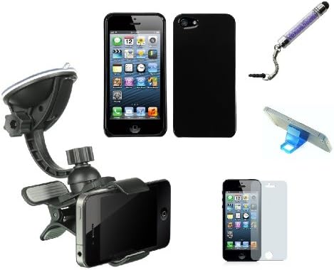 Universal Car Mount Holder for Iphone 5/5s with Black Glossy Hard Case and Holder, Crystal Stylus Pen, Screen Protector