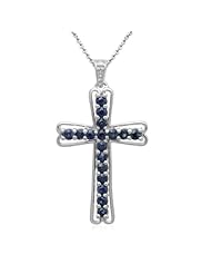 Sterling Silver Natural Sapphire with Diamond Cross Pendant Necklace, 18"