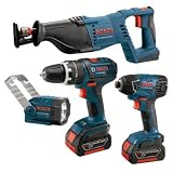 Bosch CLPK431-181 18V Lithium-Ion 4-Tool Kit, Heavy Duty Hammer Drill/Driver, Recip Saw, Impact Driver and Flashlight Combo