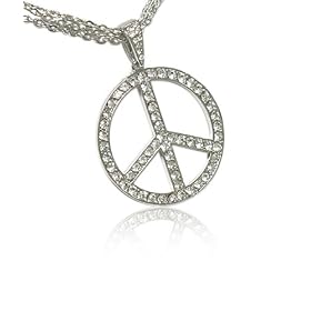 Large Crystal Ice Bling Peace Silver Pendant Necklace Fashion Jewelry