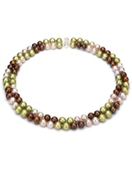 Sterling Silver 2 Rows 8-9mm Multi Color Cultured Freshwater Pearl High Luster Necklace 17"-18" Length.