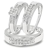 1/2 CT. T.W. Round Princess Cut Diamond His & Hers Trio Matching Ring Set 10K White Gold Three Ring - Ladies Engagement Ring, Wedding Band & Mens Wedding Band - Free Gift Box -