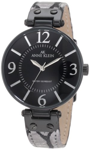 Anne Klein Women's 10/9169BKSI Black Ion-Plated Python Print Leather Strap Watch