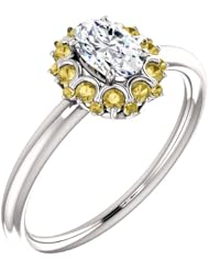 14K White Gold Oval Cut White and Yellow Diamond Flower Inspired Ring -- LIFETIME WARRANTY