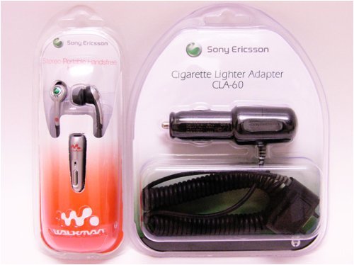2-Piece Value OEM Original Combo Pack for Sony Ericsson K510a K550i K790a M600i P990i W200a W300i W580i W600 W610i W660i W710i W712a W800 W810i W880i W950i Z310a Z520a Z525a Z710i Z750 Vehicle Cigarette Lighter Car Charger CLA-60 + Stereo Earbud Handsfree Headset HPM-70