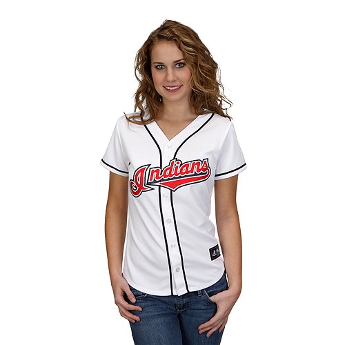 MLB Cleveland Indians Women's Short Sleeve 5 Button Synthetic Replica Jersey (White, Small)