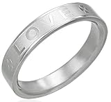 Silver Stainless Steel “LOVE” Ring with Four Leaf Clover Detail – 4mm Wide – Size J/K – Available in Various Sizes (click through for sizes)
