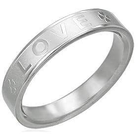 Silver Stainless Steel "LOVE" Ring with Four Leaf Clover Detail - 4mm Wide - Size J/K - Available in Various Sizes (click through for sizes)