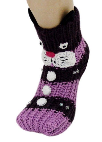 Lavender and Eggplant Bunny Rabbit Knitted Non Skid 3d Animal Slipper Socks