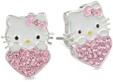 Girls Hello Kitty Silver Plated Brass Crystal Heart Stud Earrings