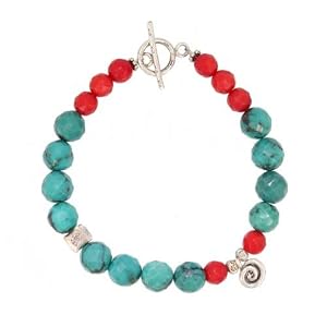 Southwestern Faceted Turquoise and Coral Beaded Bracelet with a Sterling Silver Spiral, 7 1/2" Length, #7566