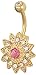 14KT Gold Plated 316L Surgical Steel Pave CZ Simulated Diamond Crystal Sun Flower Belly Ring