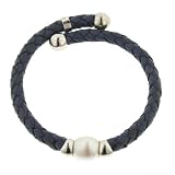 White Freshwater Cultured Pearl Woven Navy Blue Leatherette Coil Bracelet with Sterling Silver Caps (10.5-11mm)