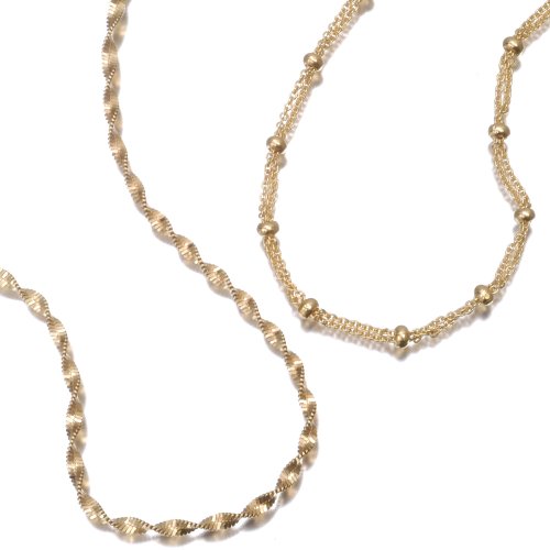 18k Gold Overlay Sterling Silver Double-Strand Baby Rolo Anklet w/ Diamond-Cut Twist Anklet- 9+1, Set of 2
