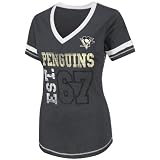 NHL Women's Pittsburgh Penguins Bling Beauty Short Sleeve V-Neck Boyfriend Tee (Charcoal Heather/White, Large)