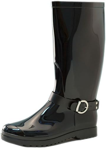 First Fashion Women's Waterproof Buckle Accent Knee High Welly Rain Boots,9 B(M) US,Black