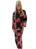 SeXy Pajama Set Womens Top Matching Pants Black with Floral Print