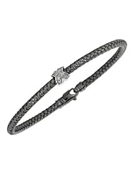 Silver Rhodium Plated Polish 7.25" 3.65mm Basketweave Bangle With .01Ct Diamond And Fancy Lobster Clasp