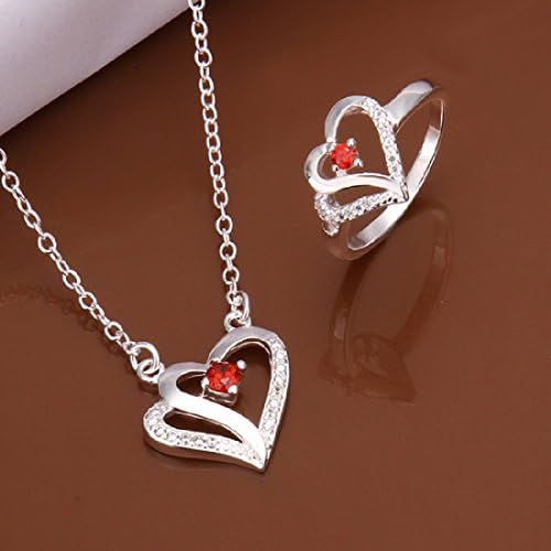 CY-Buity Elegant Red Zircon Heart Pendant Necklace Ring 925 Silver Plated Jewelry Set Nice Gift for Girls