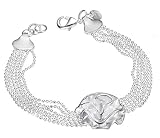 Stylish 925 Sterling Silver Plated Bracelet with Carved Rose Charm on Multi Strand Multi Chain Bead Chain Bracelet