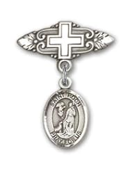 Sterling Silver Baby Badge with St. Roch Charm and Badge Pin with Cross