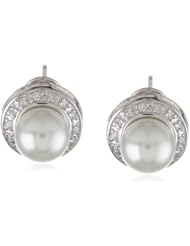 Sterling Silver Simulated Pearl with Pave Cubic Zirconia Border Post and Omega Clip Earrings