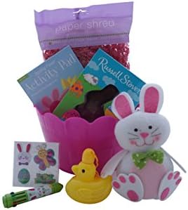 Easter Gift Basket for Girls - Includes Plush Bunny, Activity Book, Stickers, Multi-Colored Pen, Easter Chocolate Bunny, Bubbles, Basket and Spring Fill (Bundle)