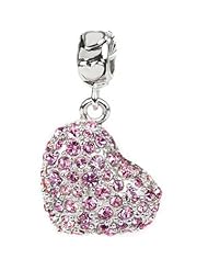 Best Gift, Sterling Silver Large Love Heart Dangle Charm with Rose Pink Swarovski Crystals, Fits Pandora and All Brands Charm Bracelets and Necklaces.