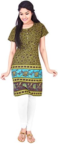 IndusDiva Women's Green, Yellow Cotton Straight Cut Kurti