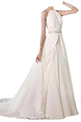 Sheer Lace Natural   Waistline Long Sleeves Chiffon Wedding Dress 