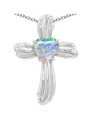 CandyGem 925 Sterling Silver Lab Created Heart Shape Opal Cross 1.2 inch Cross Pendant By Venezia Designs. Free 18inch Silver Chain. Free High End Gift Box.