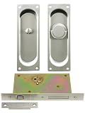 Privacy Pocket Door Mortise Lock Set With Rectangular Pulls in Satin Nickel.