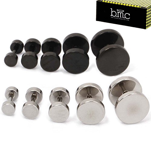 BMC Mens 10 pc Black and Silver Colored Stainless Steel Mixed Size Round Stud Barbell Earrings Set