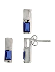 Sterling Silver Matte-finish Rectangular Earrings (13mm tall) & Pendant Slide (13mm tall) Set, w/ Emerald Cut Blue Sapphire-colored CZ Stones