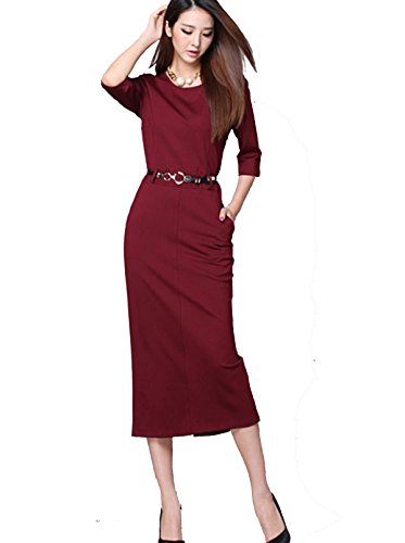 レディース スリムロングドレス タイトスカート ラウンドネック  シンプル フェミニン 可愛いスカーフ付き ST228