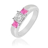 0.25cttw Natural White Princess cut Diamond (SI-Clarity, GH-Color) and Pink Sapphire Three Stone Ring in 14K Gold.