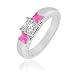 0.25cttw Natural White Princess cut Diamond (SI-Clarity, GH-Color) and Pink Sapphire Three Stone Ring in 14K Gold.