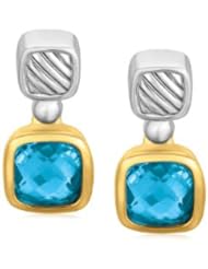 18K Yellow Gold and Sterling Silver Drop Earrings with Bezel Set Blue Topaz