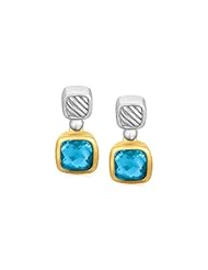 18K Yellow Gold and Sterling Silver Drop Earrings with Bezel Set Blue Topaz