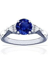 14K White Gold Round Cut Blue Sapphire Three Stone Ring (GIA Certificate)