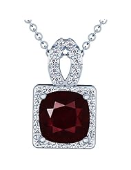 18K White Gold Cushion Cut Ruby And Round Diamond Pendant