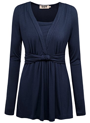 DJT Women's Tunics V-neck Ruffles Long Sleeve Knot Front Draped Shirring Shoulder Blouse Tops