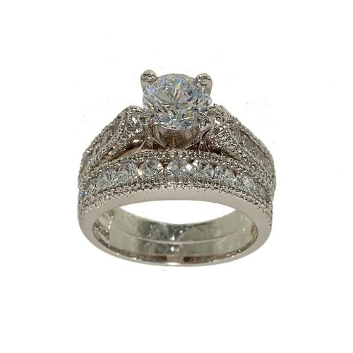 Designer Look Silvertone Two Piece Fashion Ring Wedding Set with High Mount Solitaire with Side Stones and Matching Wedding Band in Cubic Zirconia
