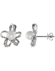 18k White Gold Pearl & Diamond Flower Earrings, w/ 0.27 Carat Brilliant Cut, 0.07 Carat Baguette Diamonds & 5.5mm White Pearls, 9/16" (15mm) tall