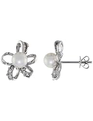 18k White Gold Pearl & Diamond Flower Earrings, w/ 0.27 Carat Brilliant Cut, 0.07 Carat Baguette Diamonds & 5.5mm White Pearls, 9/16" (15mm) tall