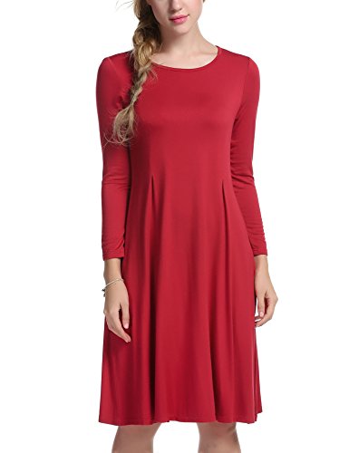 Meaneor Women's Solid Round Neck Long Sleeve Casual Loose T-Shirt Pleated Dress