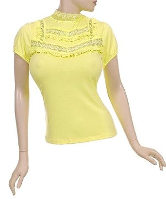 Sexy Romantic Yellow High Neck Shirt with Victorian Lace Plus Size X - 3X : romance woman yellow sexy fashion style