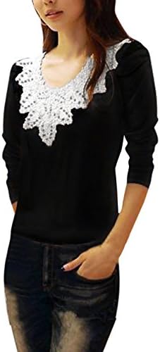 Vshop-2000 Woman Round Neck Long Puff Sleeve Beaded Crochet Front Top Shirt